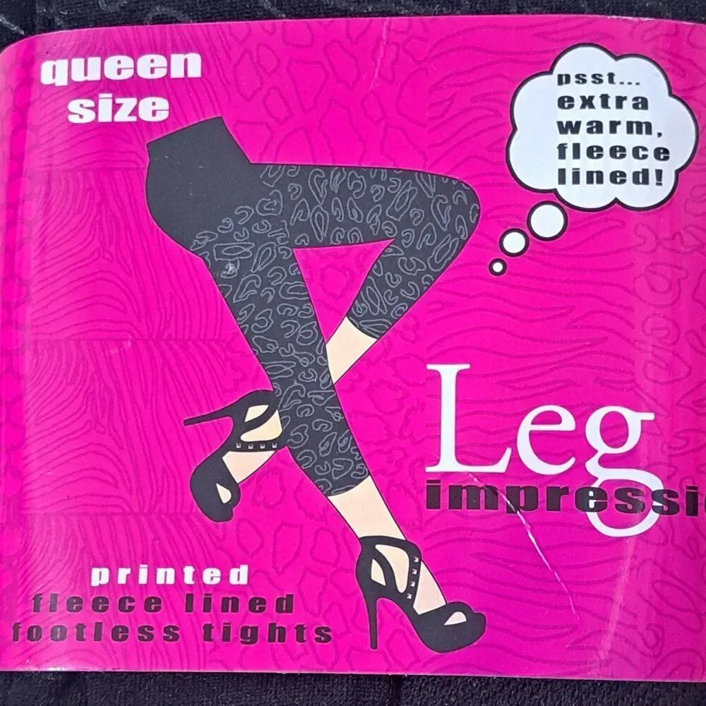 Leg Impressions Women's Footless Black Printed Fleece Lined Tight Sz Queen